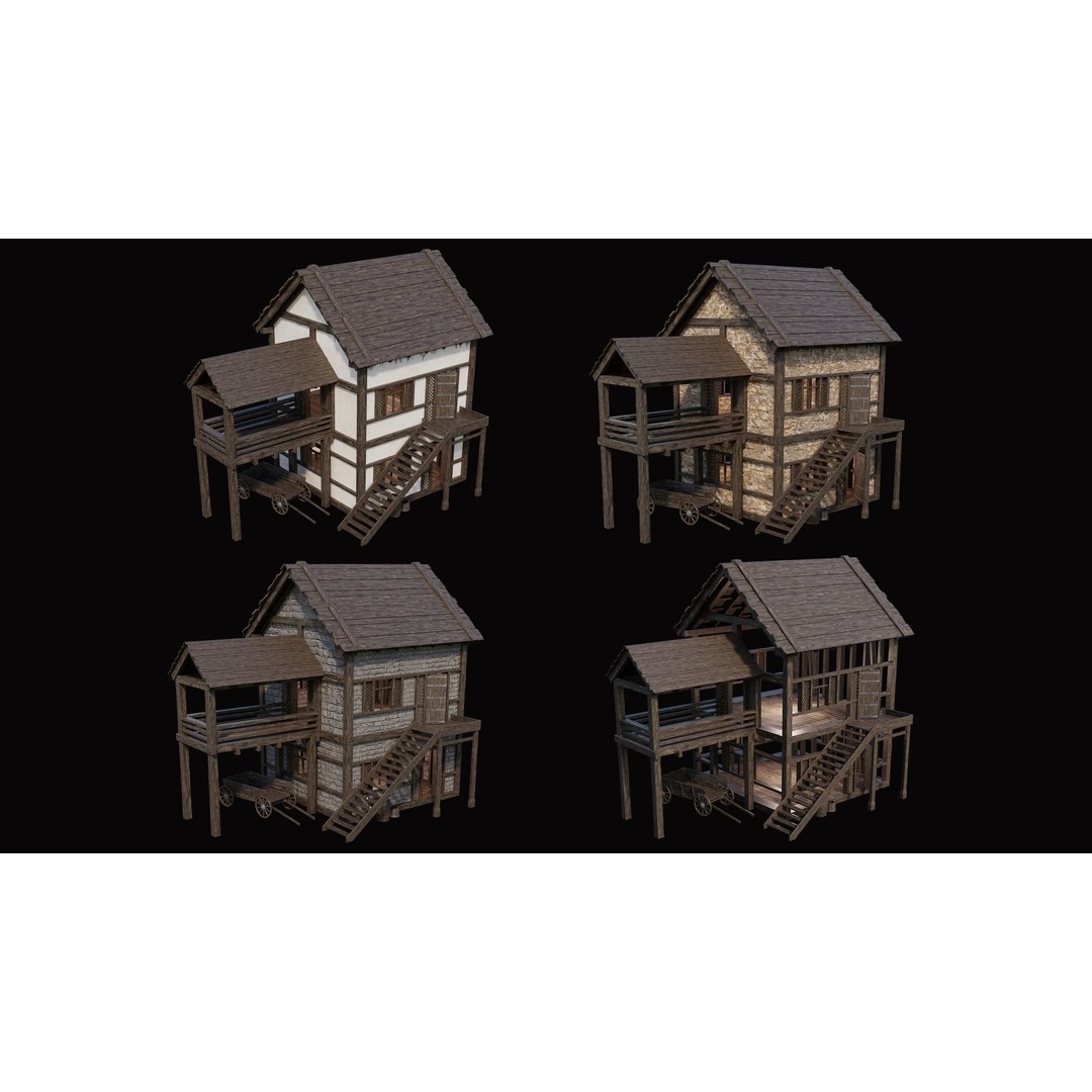Medieval Village Houses 3D Model – Low Poly Game Ready Asset, PBR - View 4