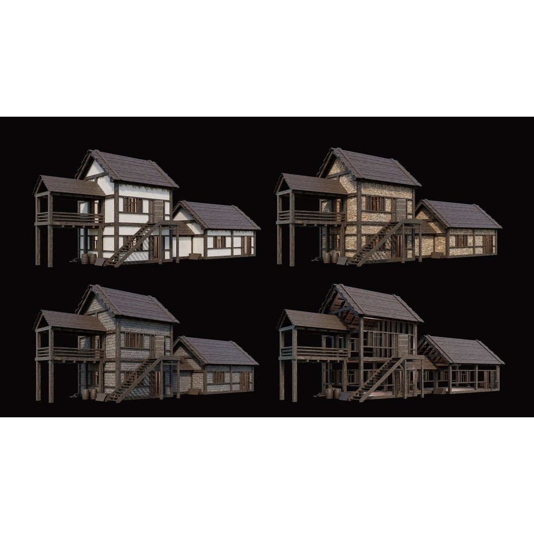 Medieval Village Houses 3D Model – Low Poly Game Ready Asset, PBR - View 7