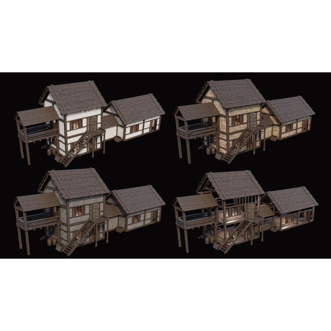 Medieval Village Houses 3D Model – Low Poly Game Ready Asset, PBR - View 8
