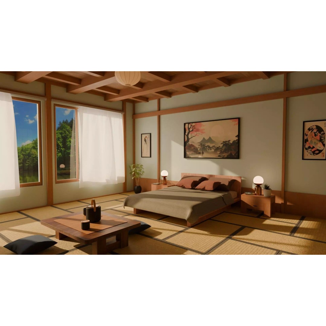 Japanese Bedroom 3D Model – Traditional Interior Scene, Blender - View 2
