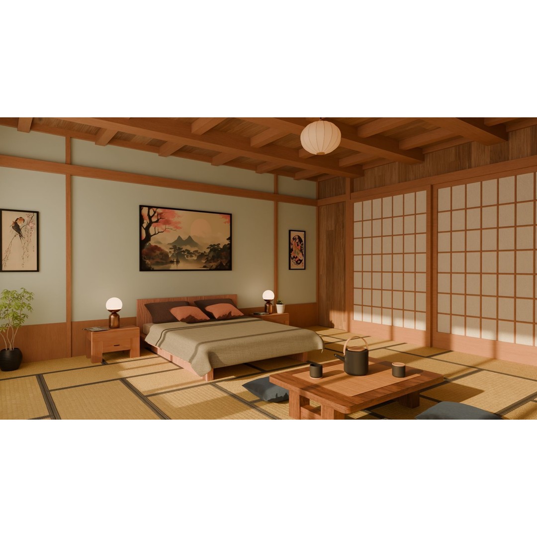 Japanese Bedroom 3D Model – Traditional Interior Scene, Blender - View 3