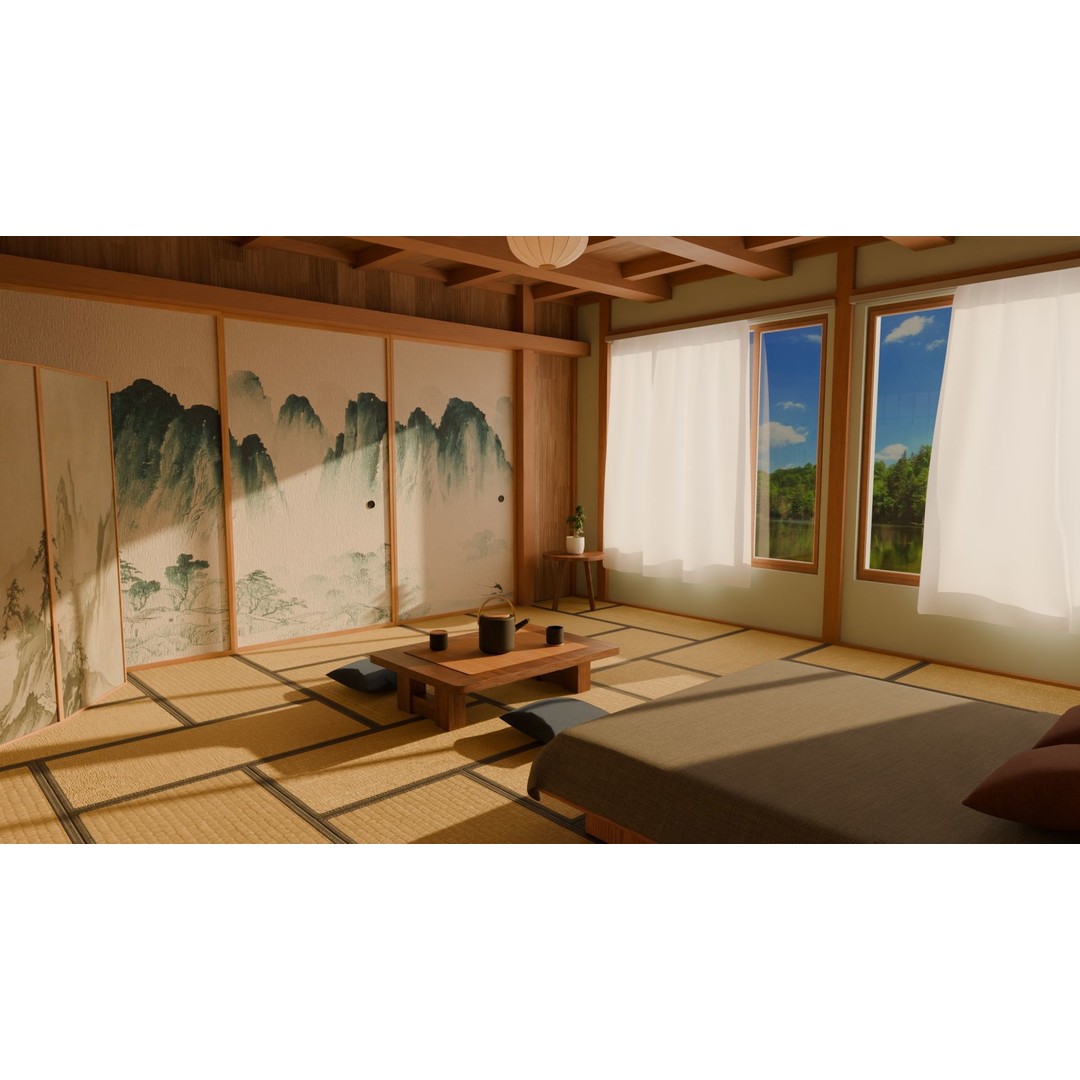 Japanese Bedroom 3D Model – Traditional Interior Scene, Blender - View 4