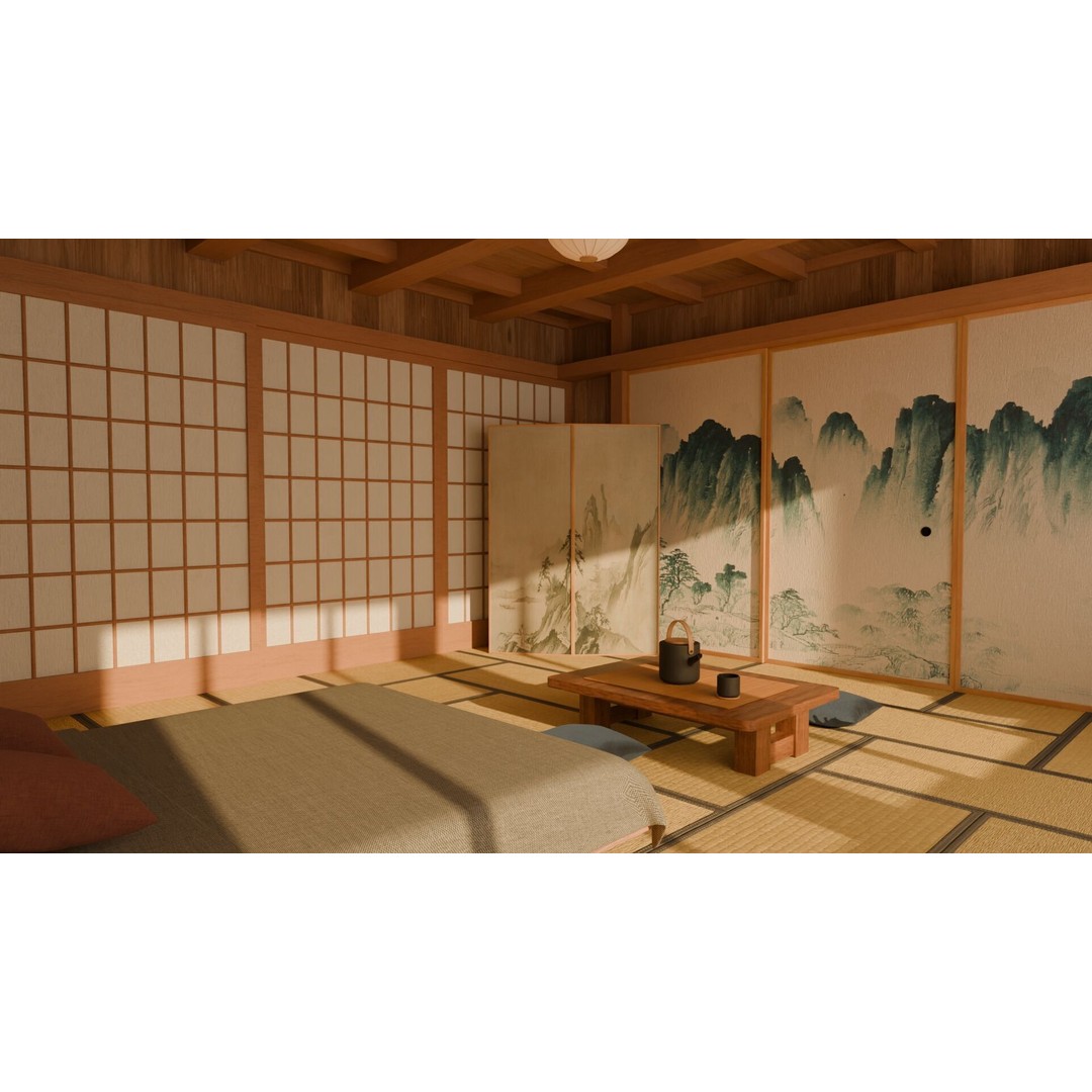 Japanese Bedroom 3D Model – Traditional Interior Scene, Blender - View 5