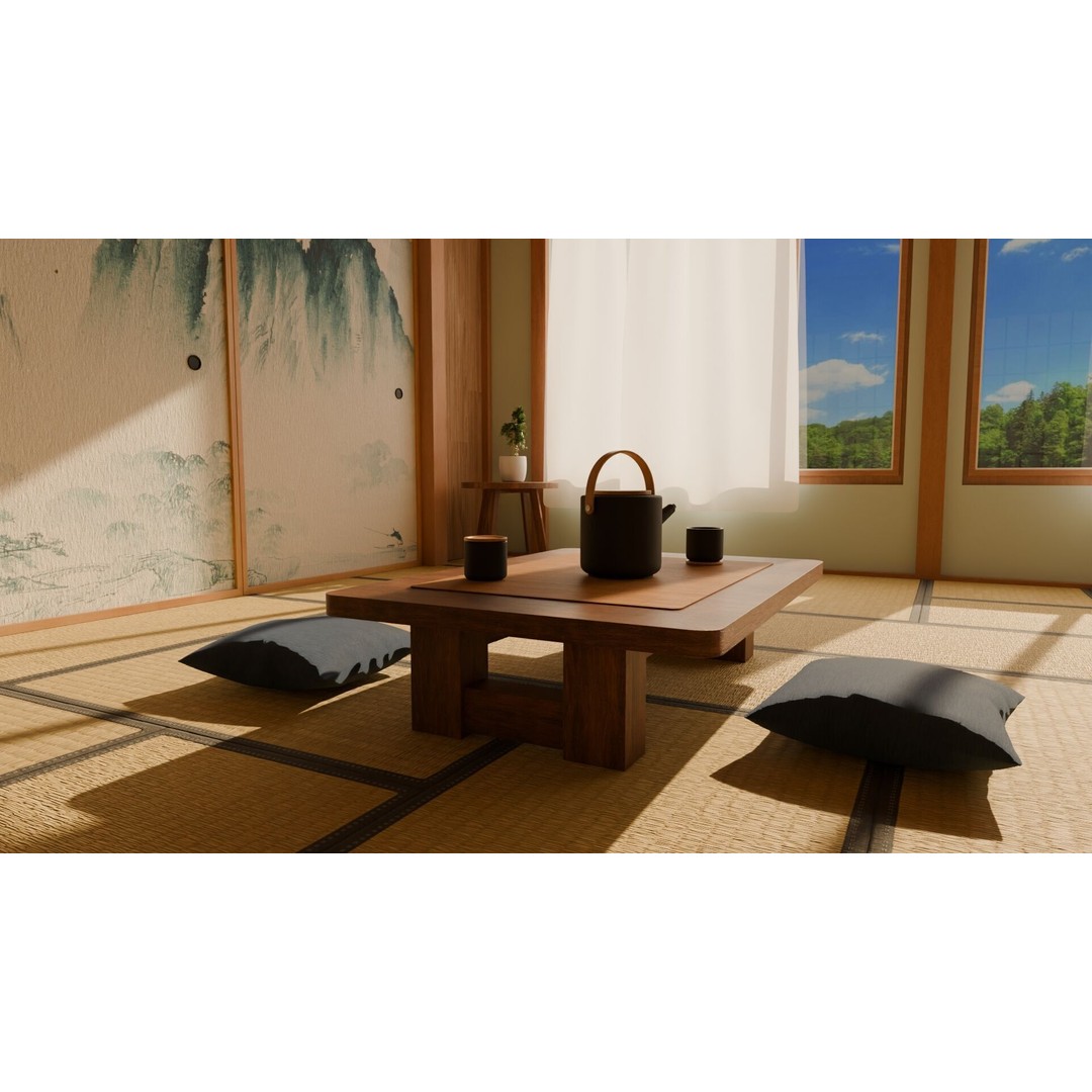 Japanese Bedroom 3D Model – Traditional Interior Scene, Blender - View 6