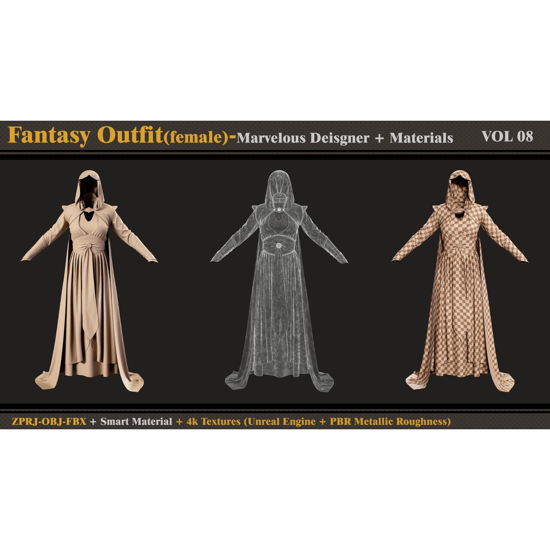 Fantasy Outfit 3D Model – Vintage Dress with Cape and Textures, FBX