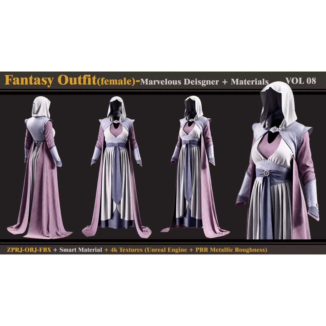 Fantasy Outfit 3D Model – Vintage Dress with Cape and Textures, FBX - View 2