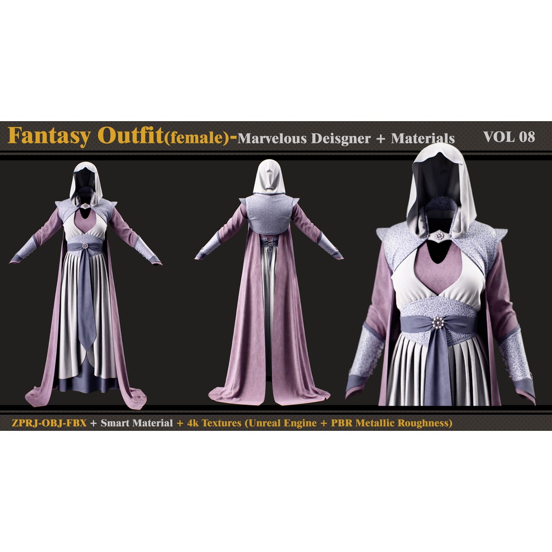 Fantasy Outfit 3D Model – Vintage Dress with Cape and Textures, FBX - View 3