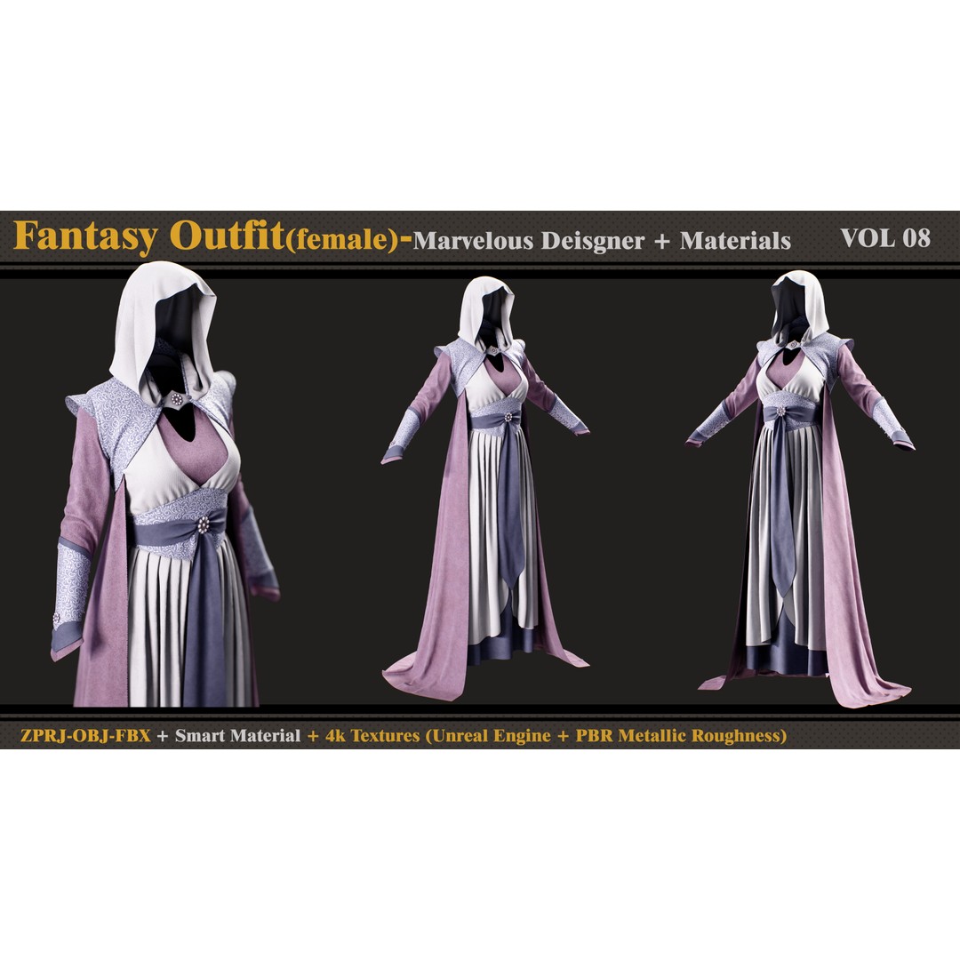 Fantasy Outfit 3D Model – Vintage Dress with Cape and Textures, FBX - View 4