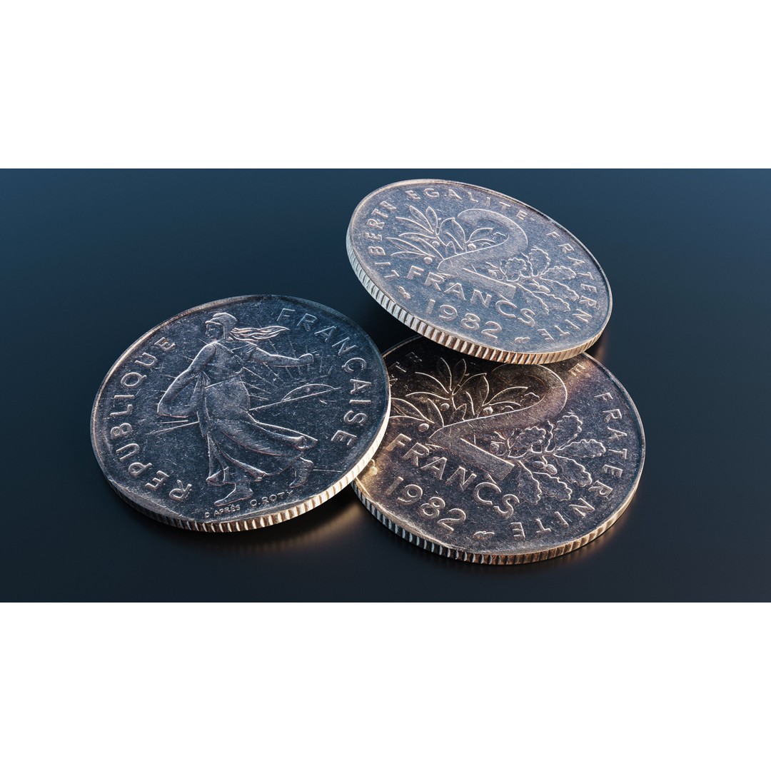 French 2 Francs Coin 3D Model – Low Poly Scanned Asset, FBX - View 10