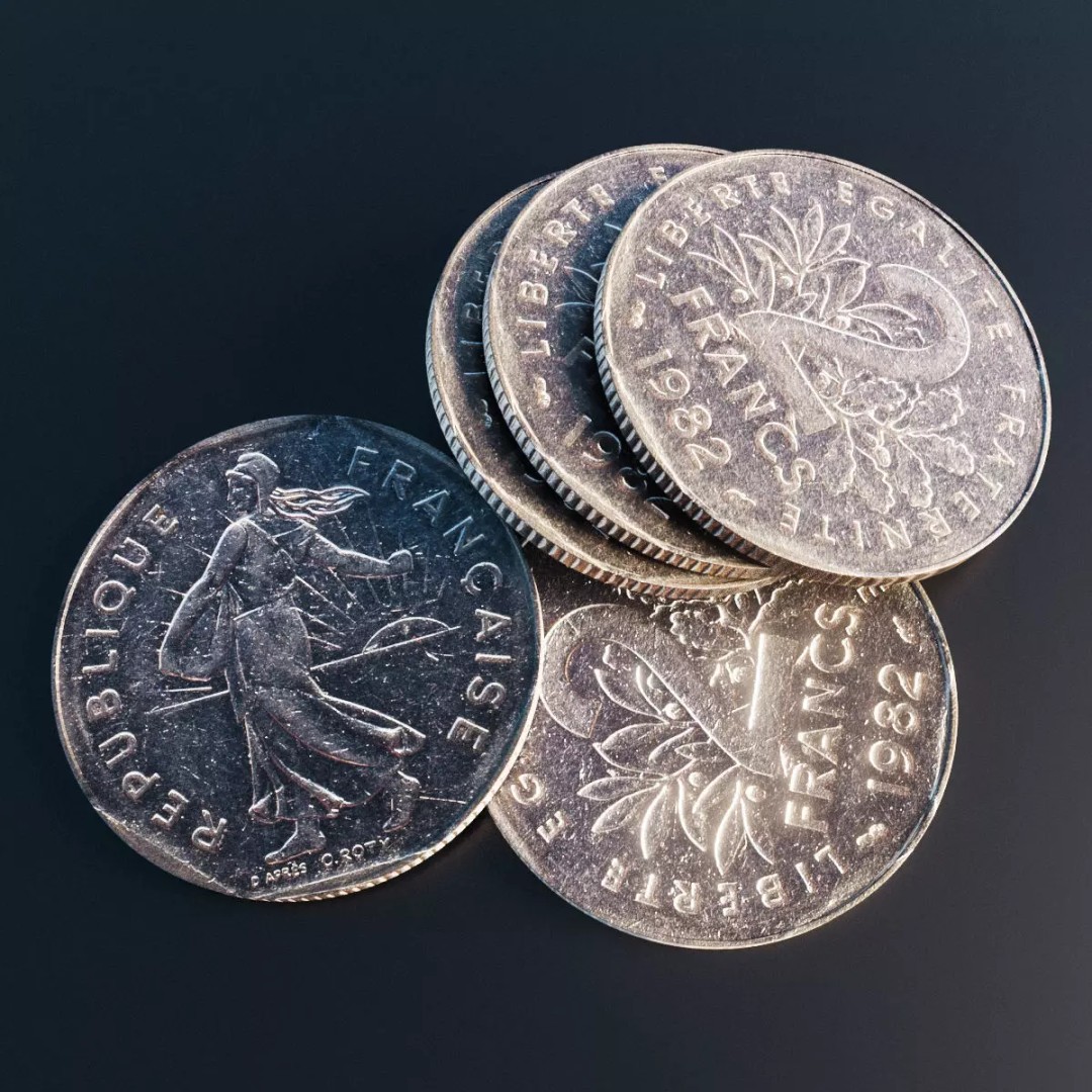 French 2 Francs Coin 3D Model – Low Poly Scanned Asset, FBX - View 2