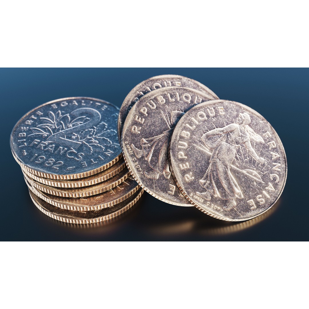 French 2 Francs Coin 3D Model – Low Poly Scanned Asset, FBX - View 3