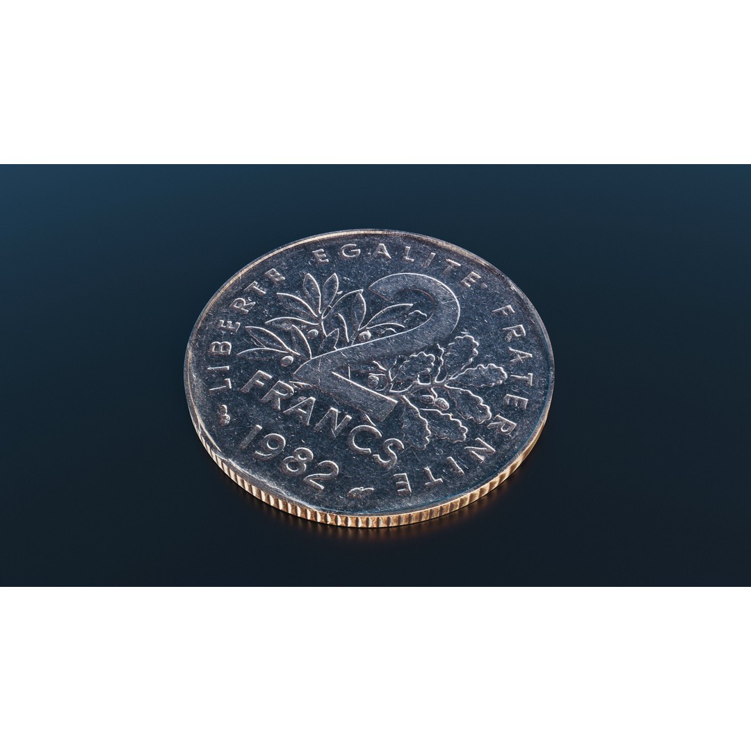 French 2 Francs Coin 3D Model – Low Poly Scanned Asset, FBX - View 4