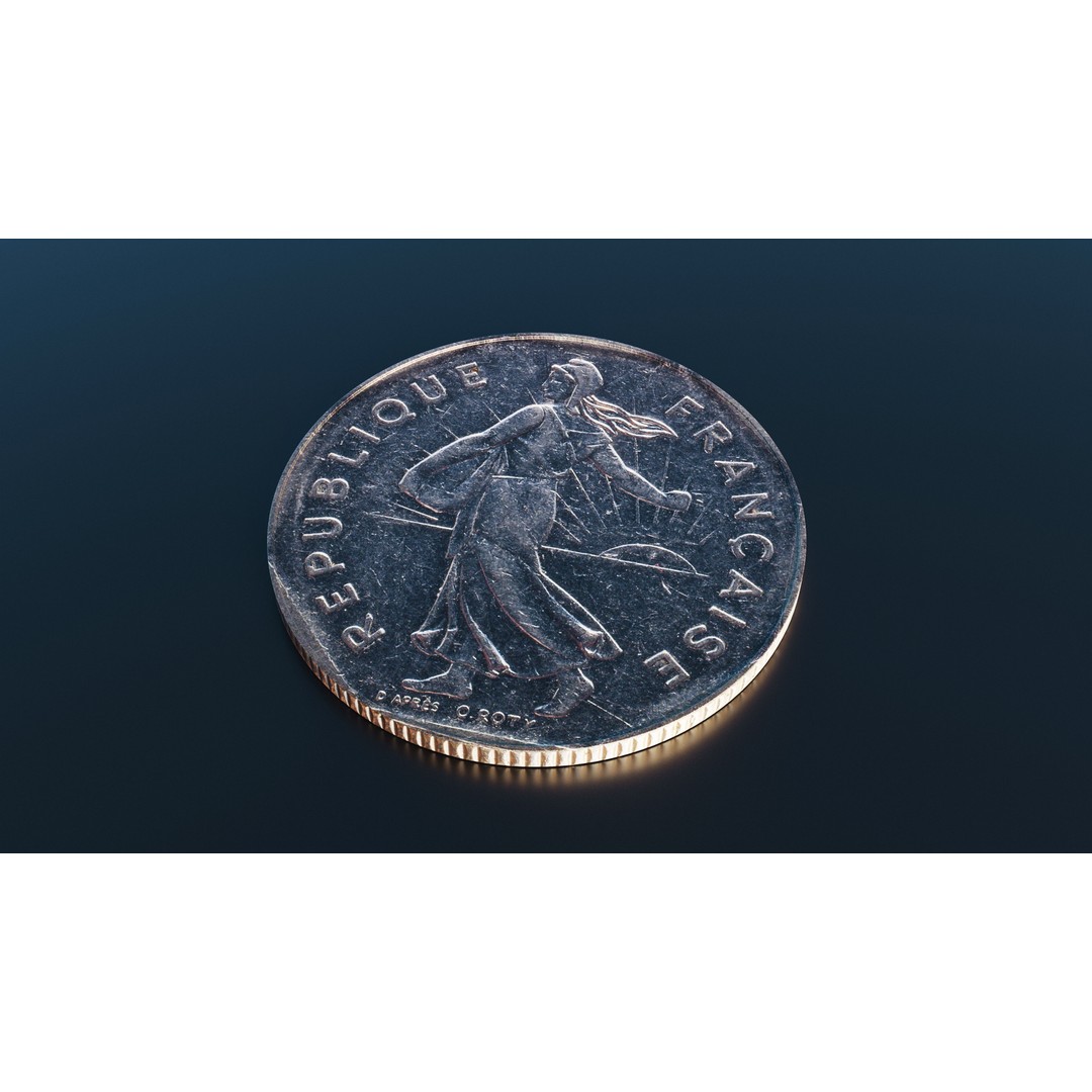 French 2 Francs Coin 3D Model – Low Poly Scanned Asset, FBX - View 5