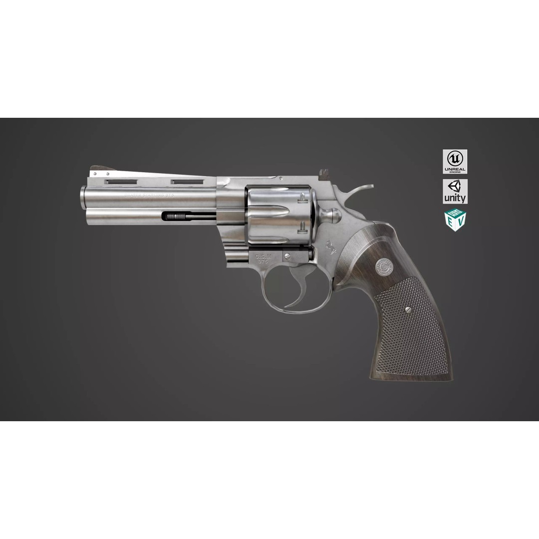 Colt Python Revolver 3D Model – Medium Silver Low Poly PBR Asset - View 2