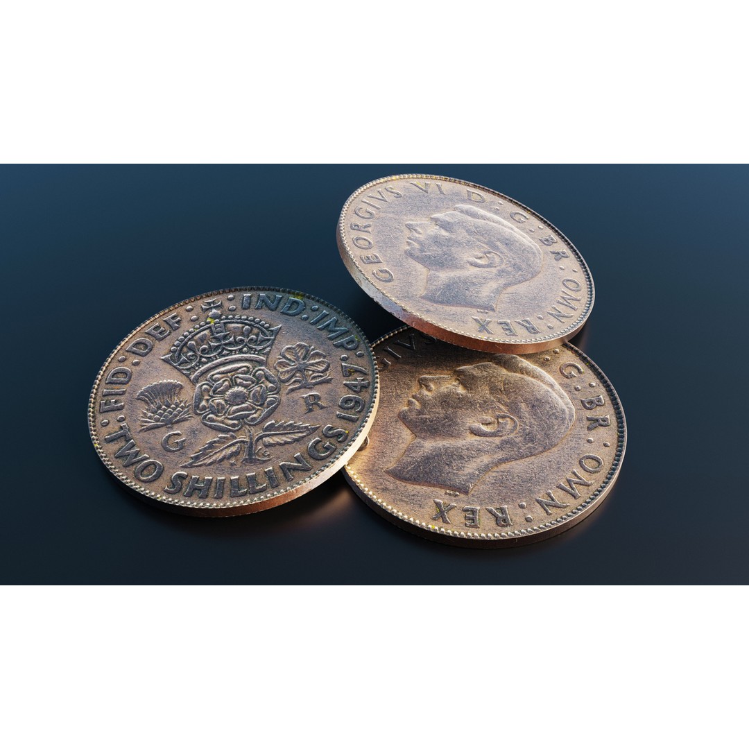 British Two Shillings Coin 3D Model – Low Poly PBR Asset, FBX - View 10