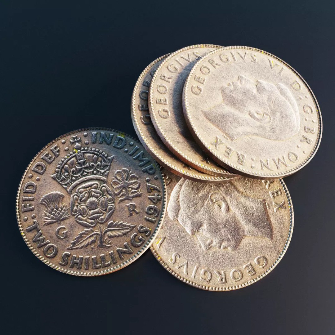 British Two Shillings Coin 3D Model – Low Poly PBR Asset, FBX - View 2