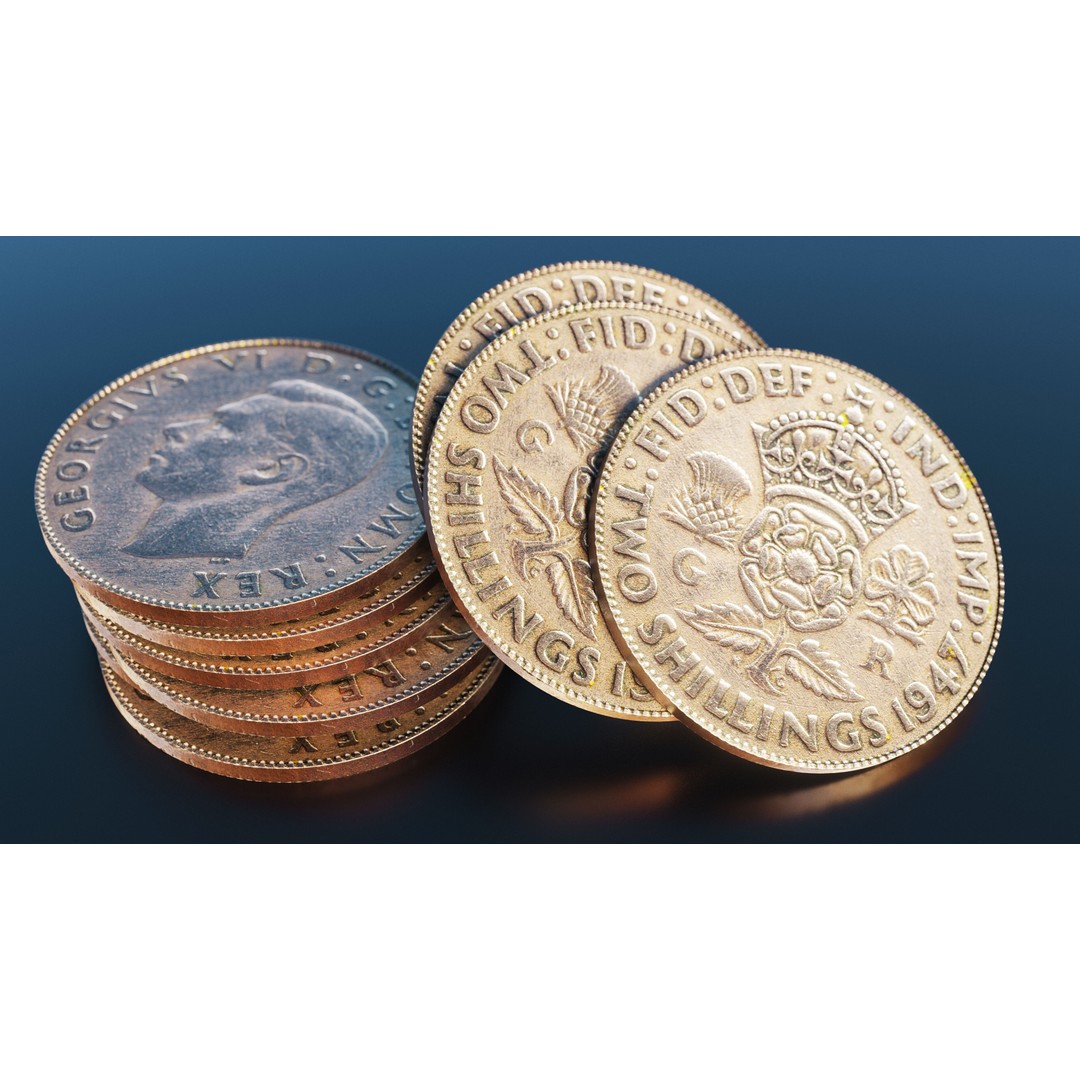 British Two Shillings Coin 3D Model – Low Poly PBR Asset, FBX - View 3