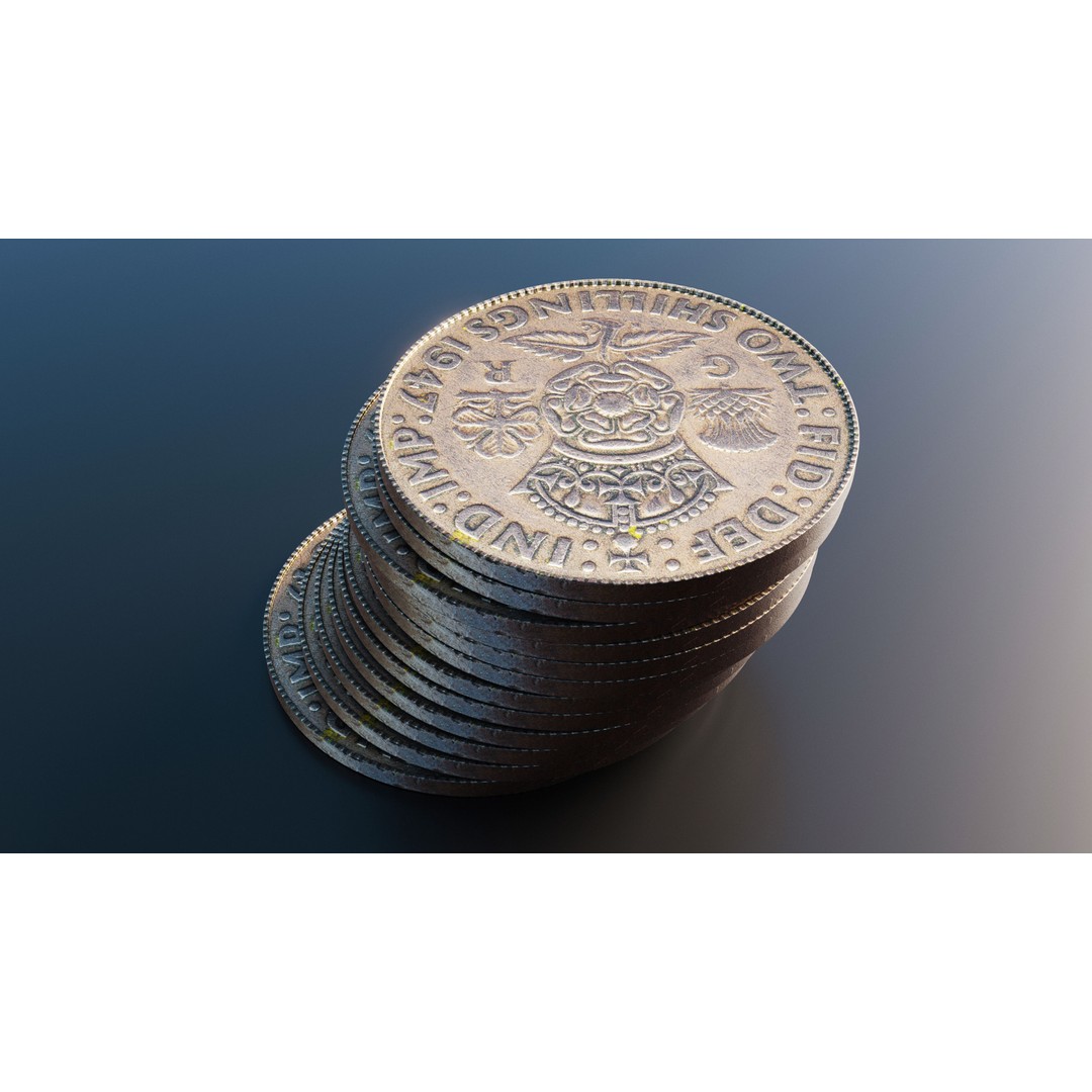 British Two Shillings Coin 3D Model – Low Poly PBR Asset, FBX - View 6