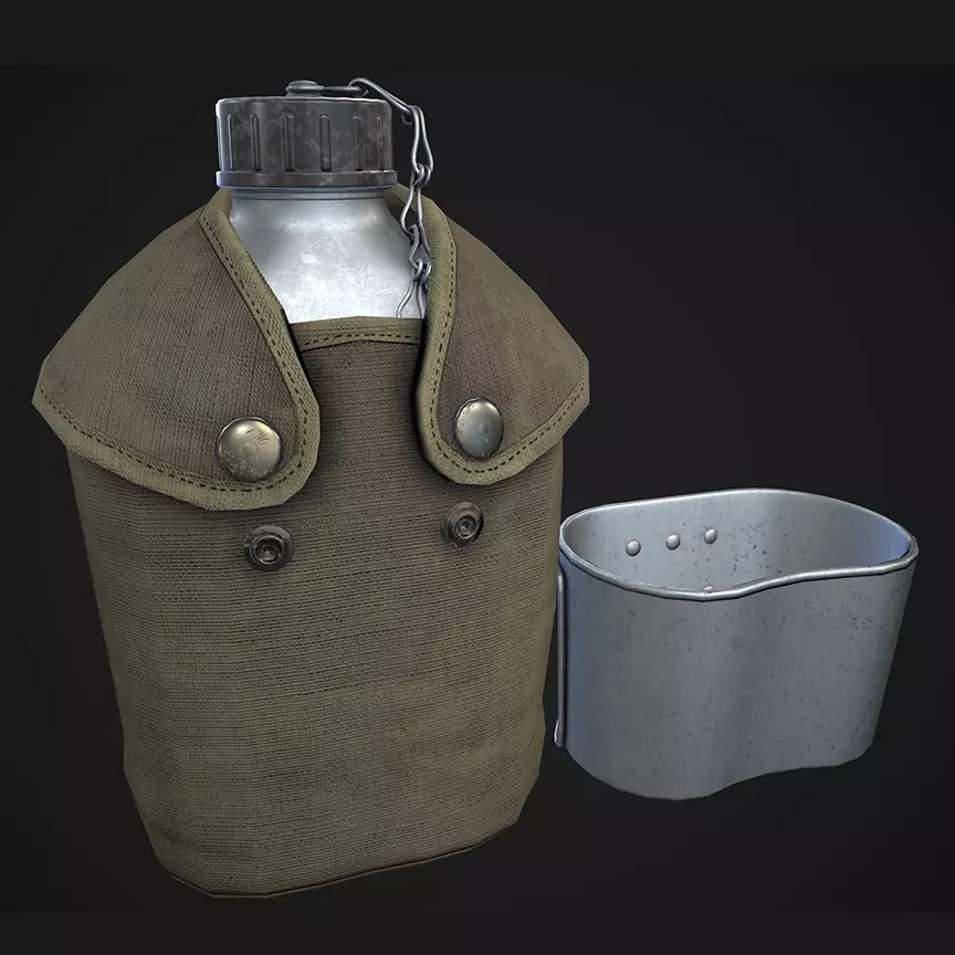 Military Water Bottle 3D Model – Low Poly PBR Asset, FBX - View 2