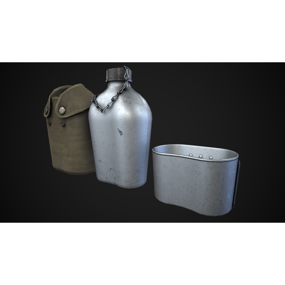Military Water Bottle 3D Model – Low Poly PBR Asset, FBX - View 3