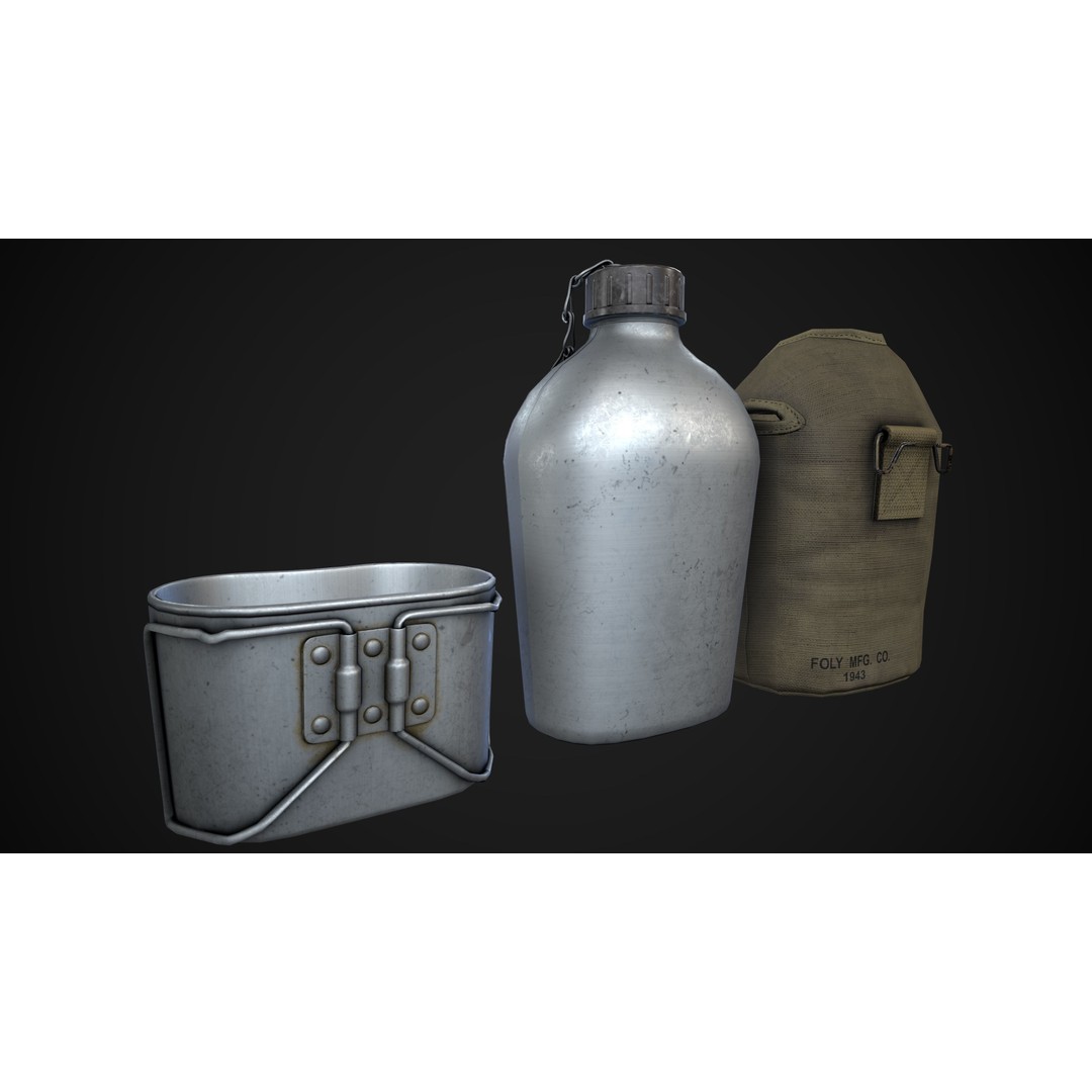 Military Water Bottle 3D Model – Low Poly PBR Asset, FBX - View 4