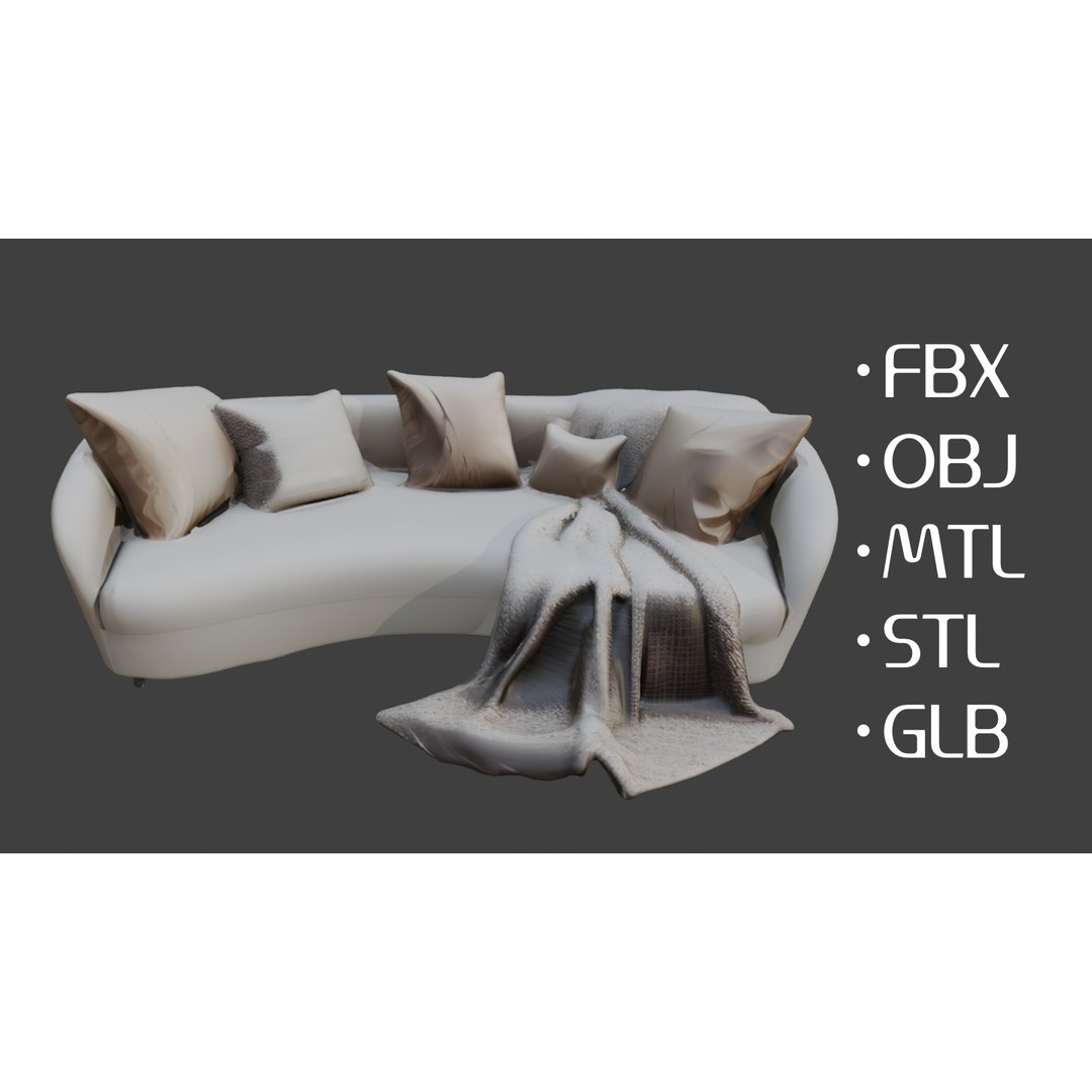 Curved Sofa 3D Model – Modern Minimalist Design, PBR Textures