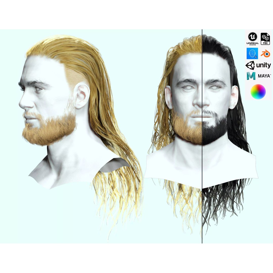 Wavy Long Man Hair 3D Model – Low Poly Game Asset, PBR, Unity, Unreal - View 2