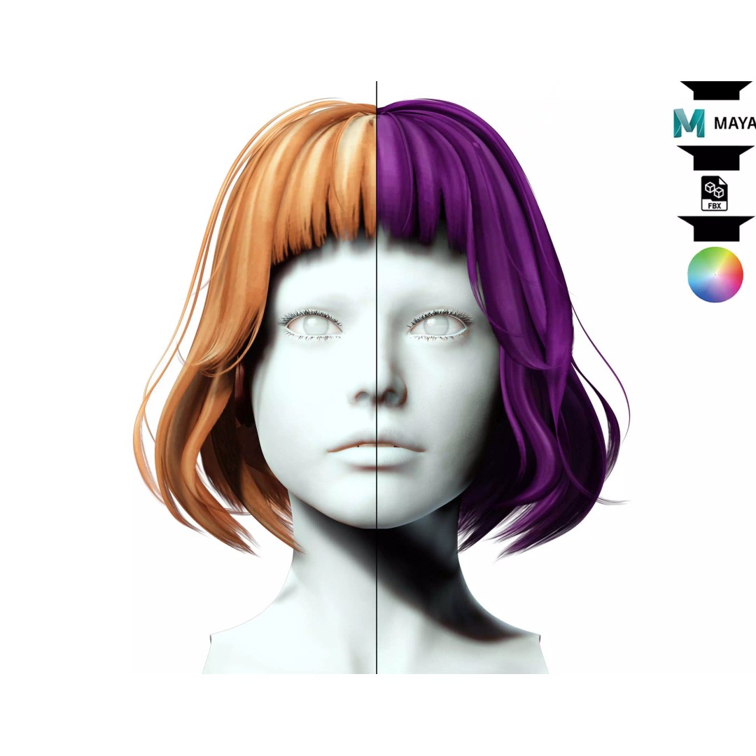 Short Hair 3D Model – Blunt Bangs Low-Poly Game Asset, FBX - View 2