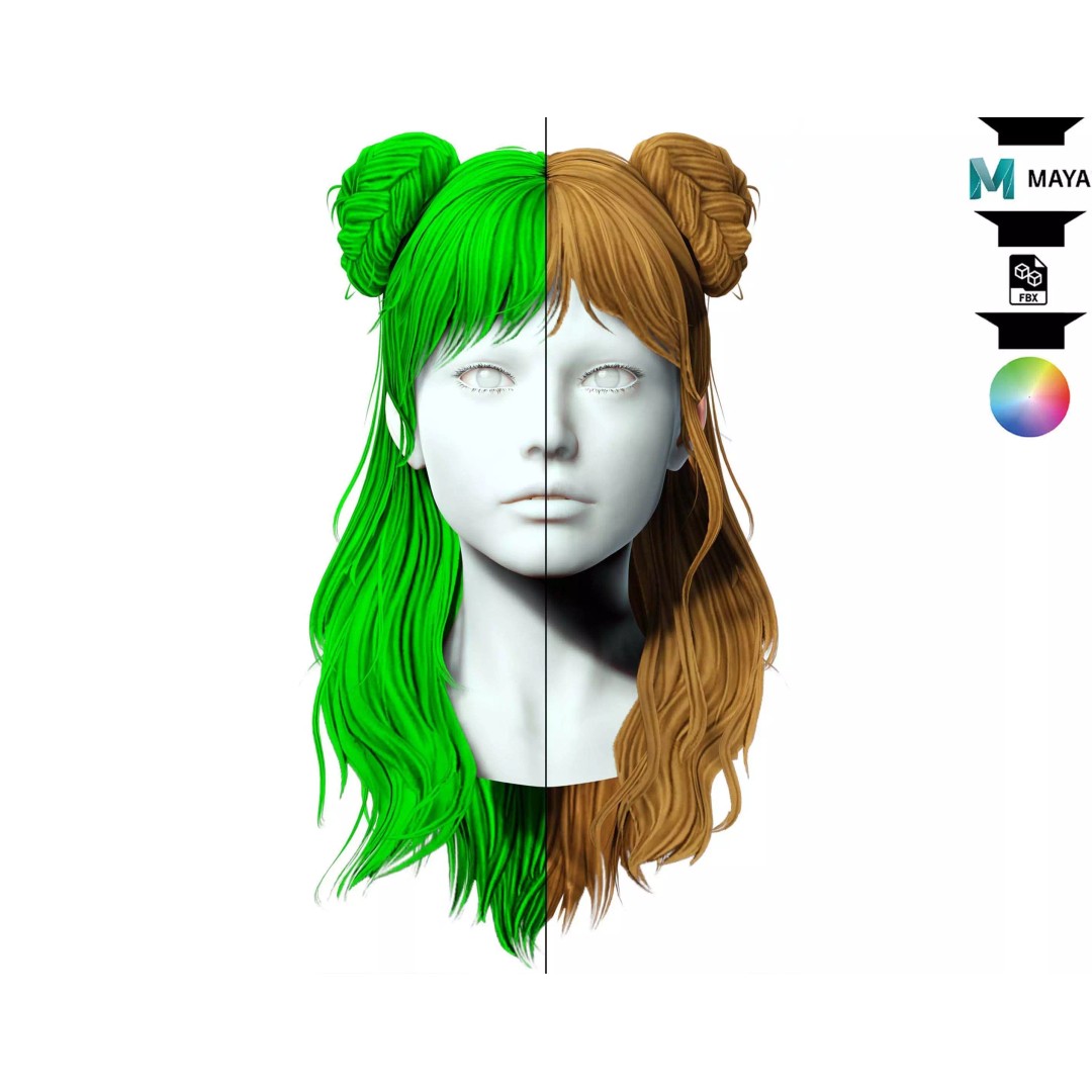 Female Hair 3D Model – Low Poly Hairstyle with Customizable Colors - View 2