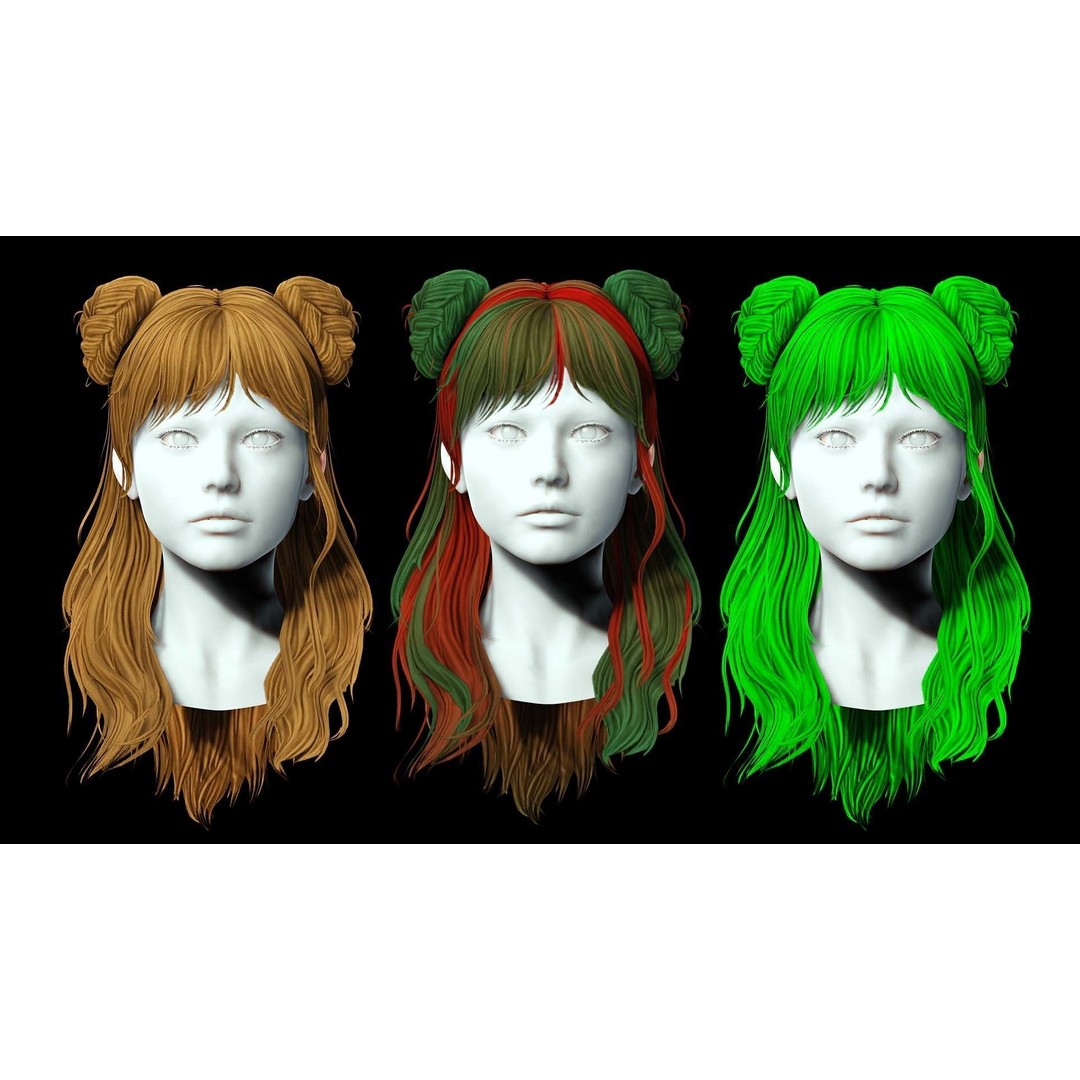 Female Hair 3D Model – Low Poly Hairstyle with Customizable Colors - View 3