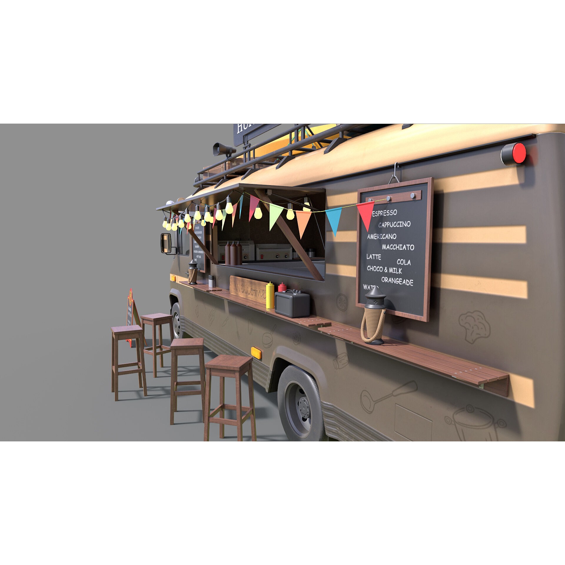 Hipster Food Truck - Low-Poly Game-Ready 3D Model - View 11