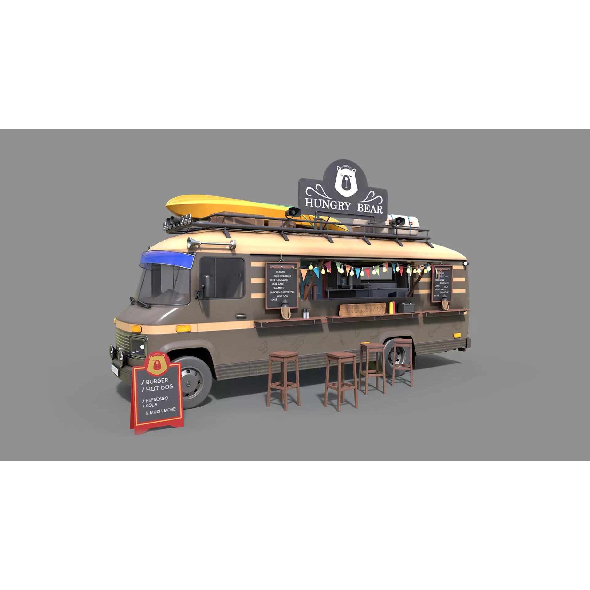 Hipster Food Truck - Low-Poly Game-Ready 3D Model - View 2