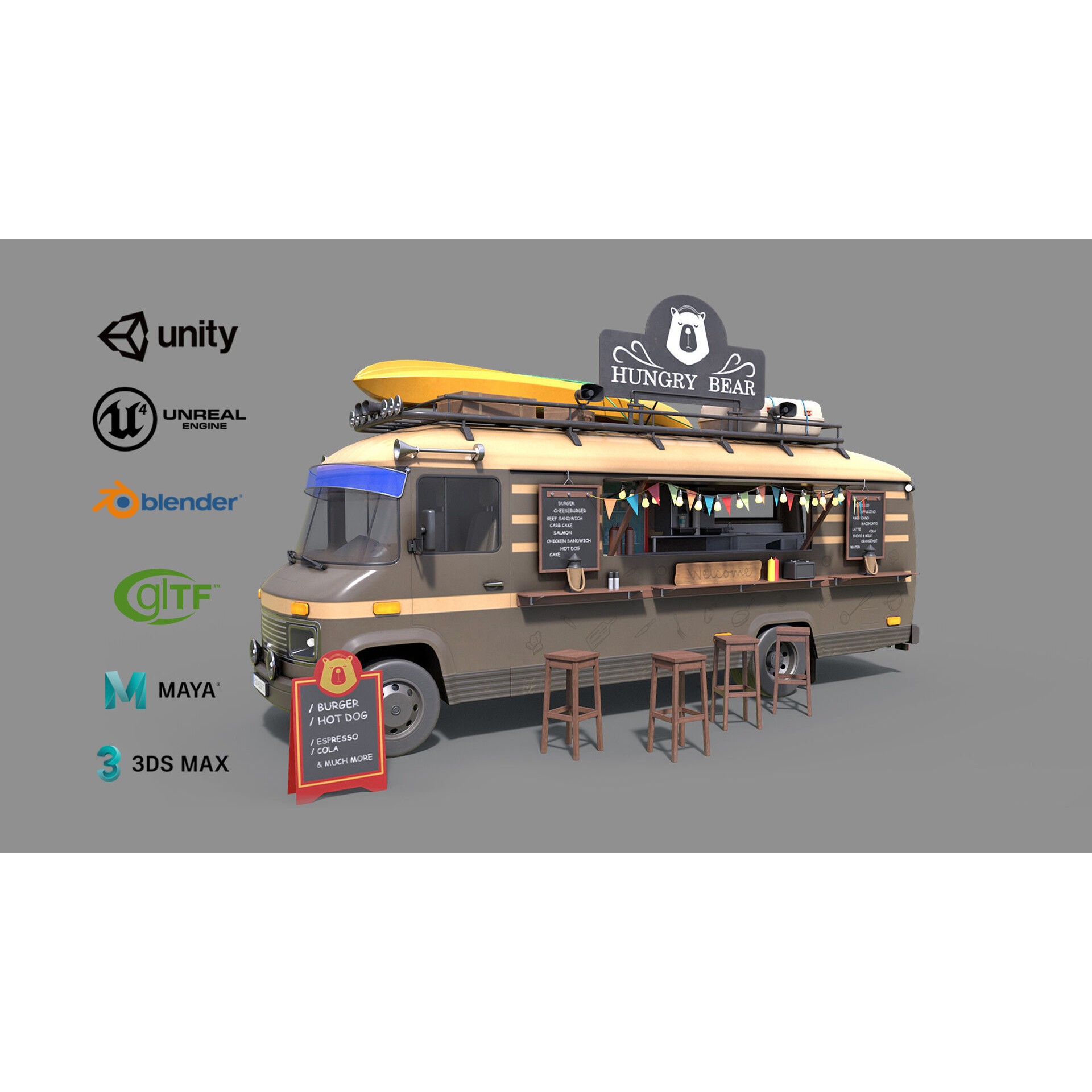 Hipster Food Truck - Low-Poly Game-Ready 3D Model - View 3