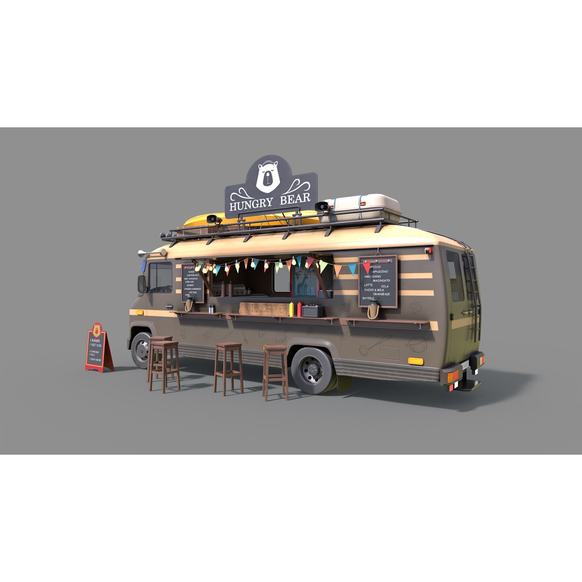 Hipster Food Truck - Low-Poly Game-Ready 3D Model - View 5