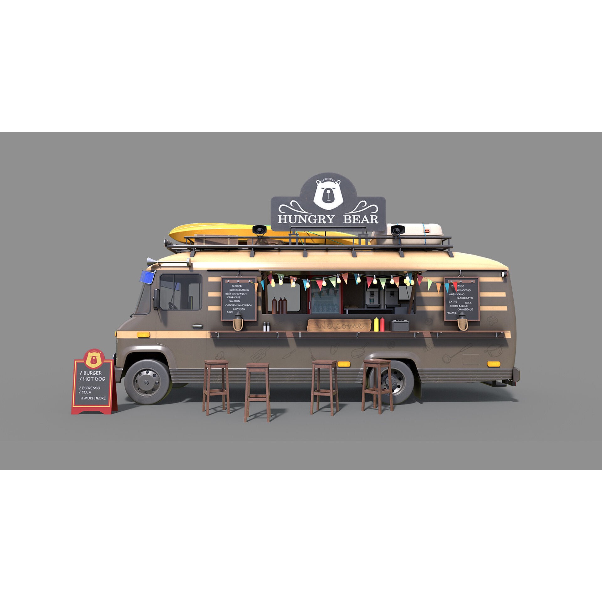 Hipster Food Truck - Low-Poly Game-Ready 3D Model - View 9