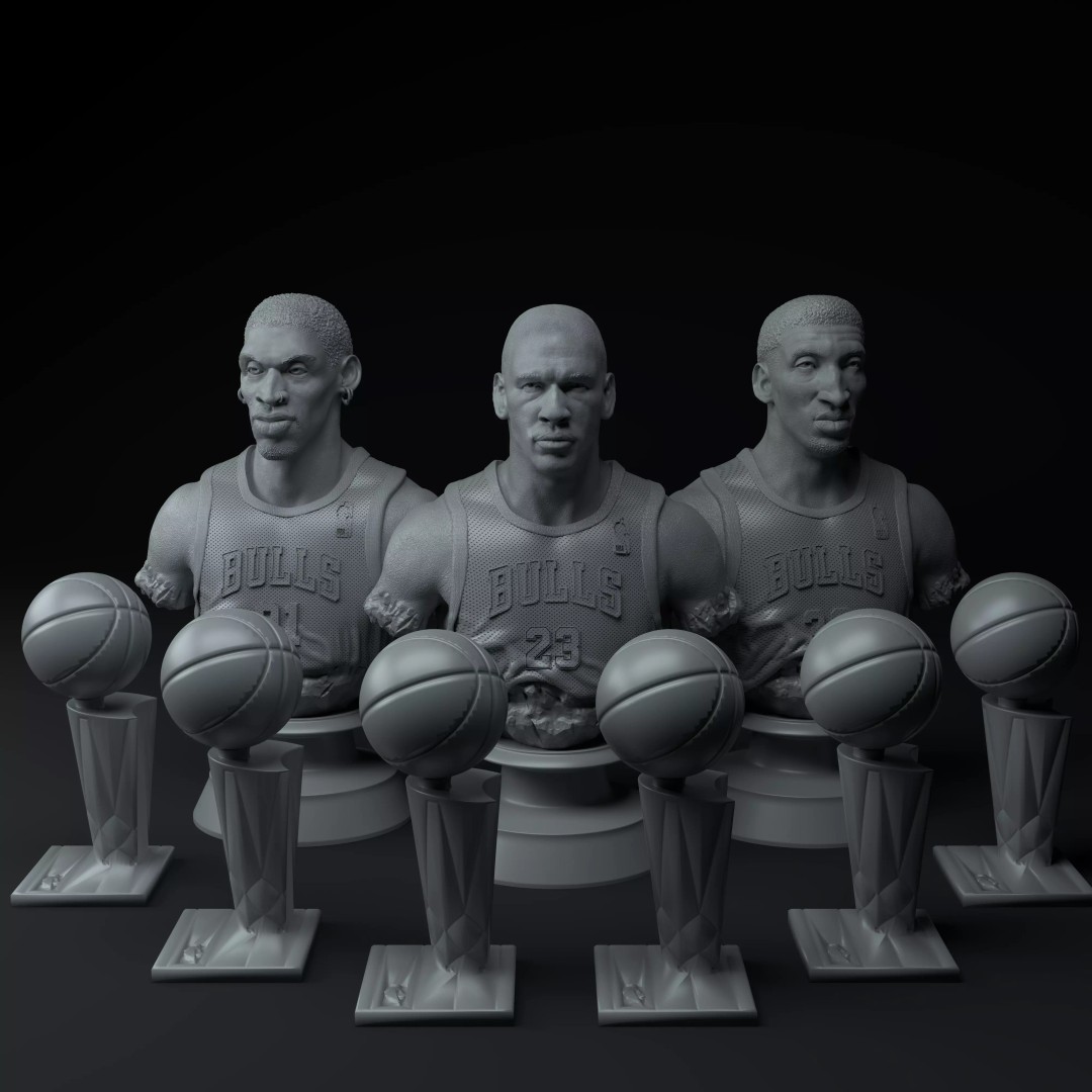 Chicago Bulls Big Three 3D Model – Premium Diorama with Trophies - View 3