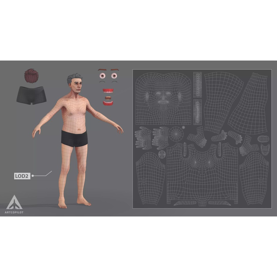 Older Character 3D Model – Semi-Realistic Low-Poly Game Asset, FBX