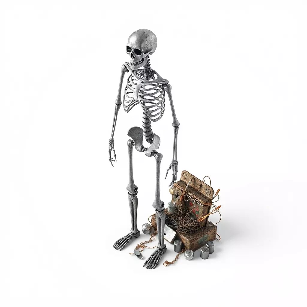 Steampunk Skeleton 3D Model – Low Poly Character with Antique Box - View 2