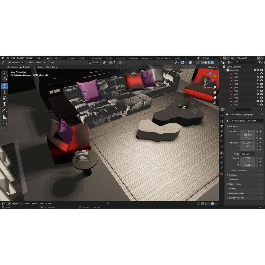 Modern Living Room and Kitchen 3D Model – Low Poly Interior, FBX, Blender
