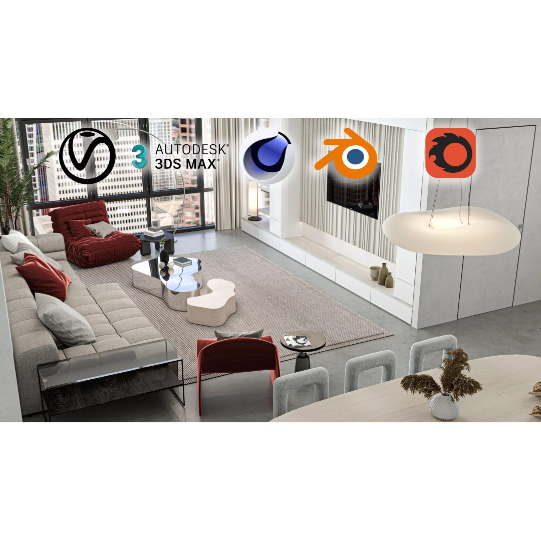 Modern Living Room and Kitchen 3D Model – Low Poly Interior, FBX, Blender - View 2