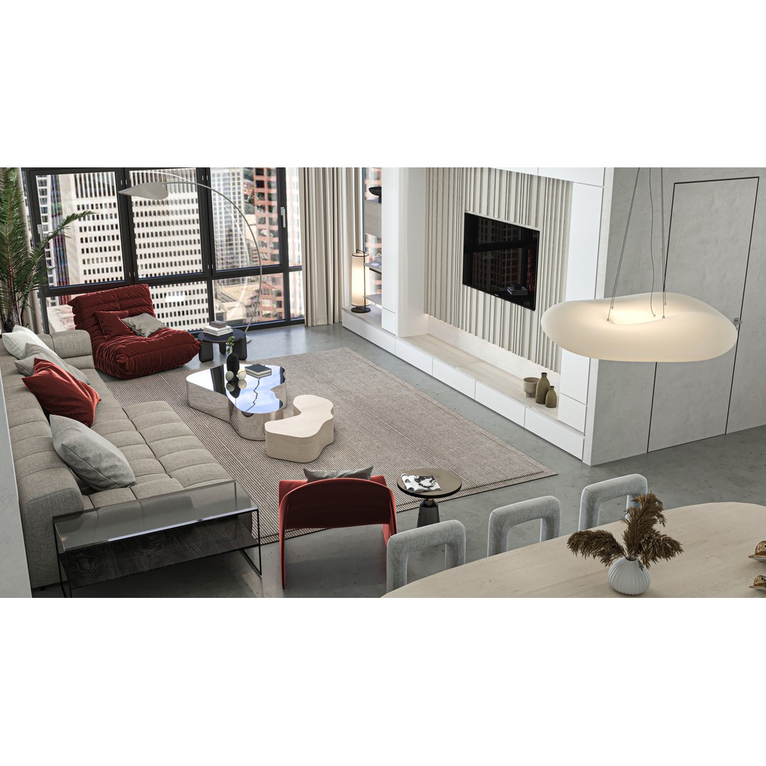 Modern Living Room and Kitchen 3D Model – Low Poly Interior, FBX, Blender - View 3