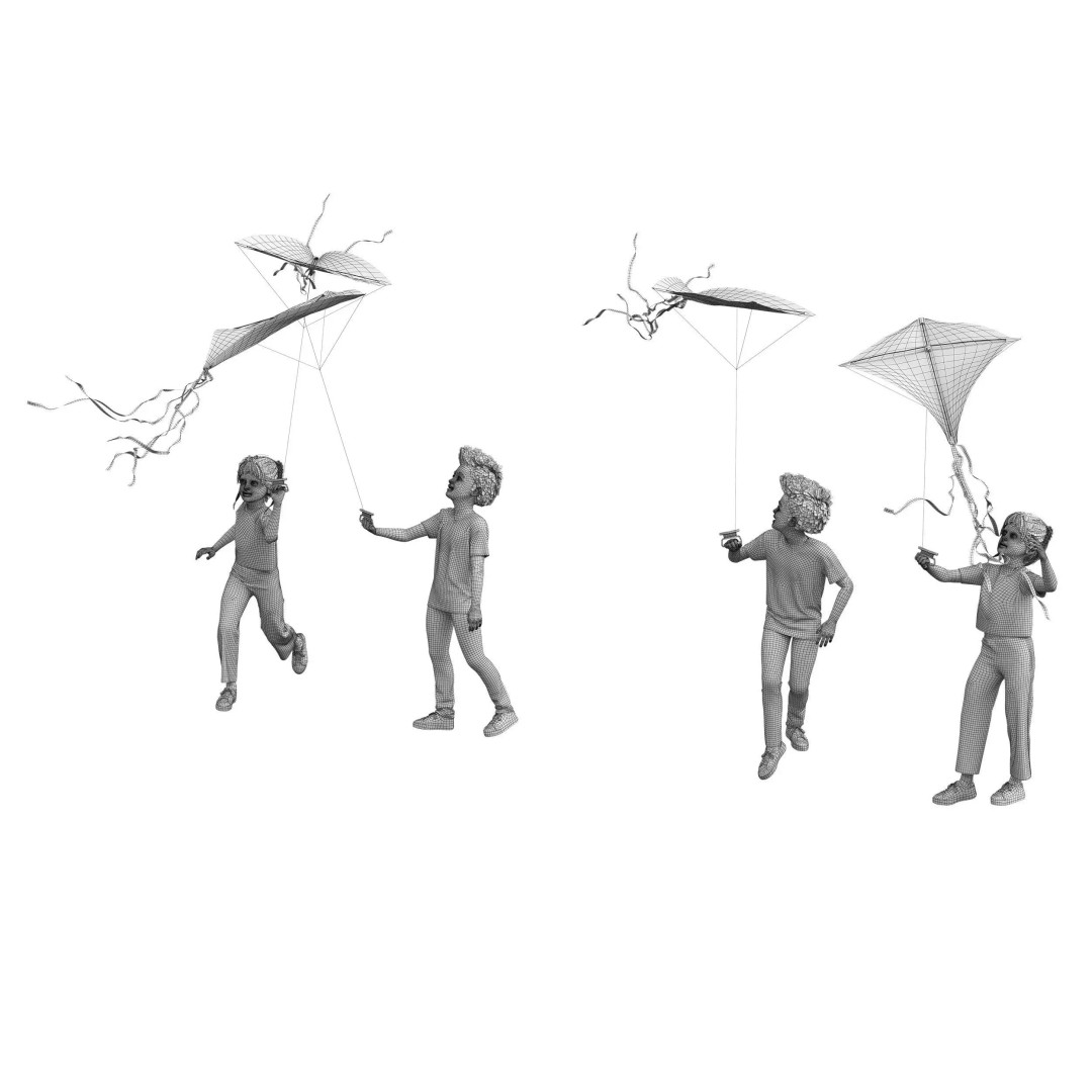 Children Flying Kite 3D Model – Low Poly Game Asset, FBX, OBJ