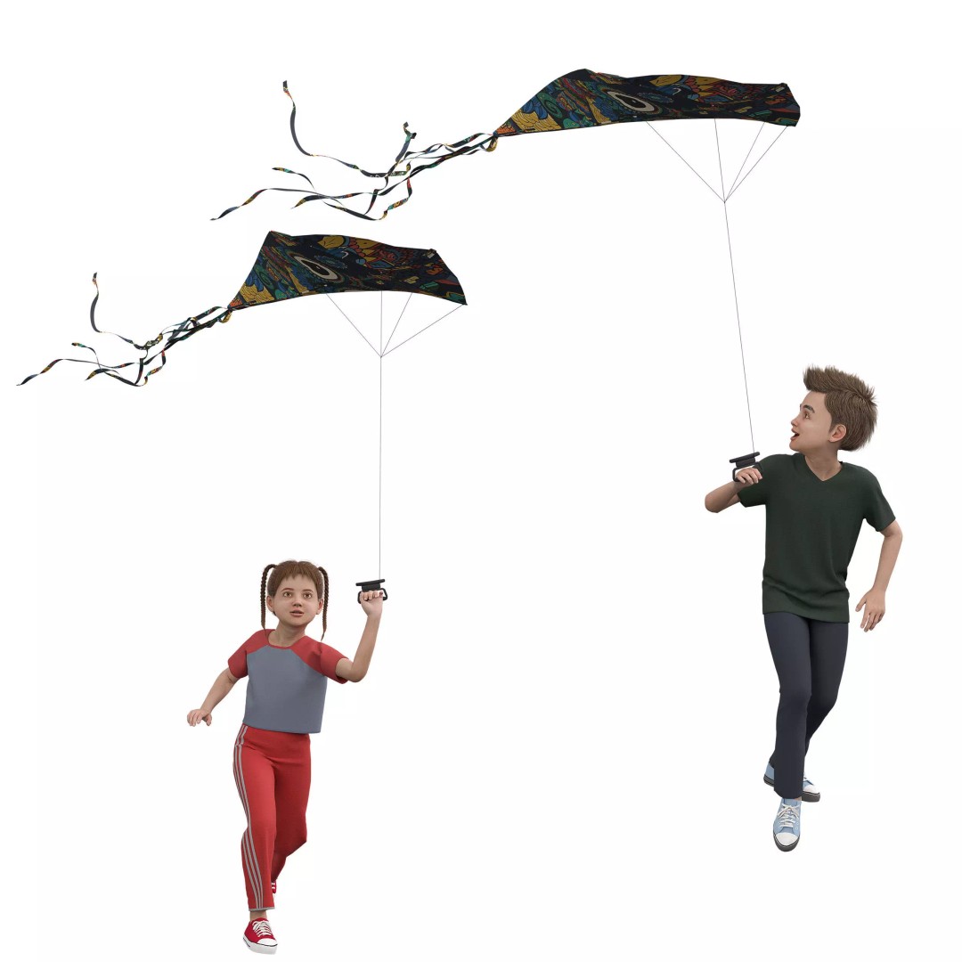 Children Flying Kite 3D Model – Low Poly Game Asset, FBX, OBJ - View 10