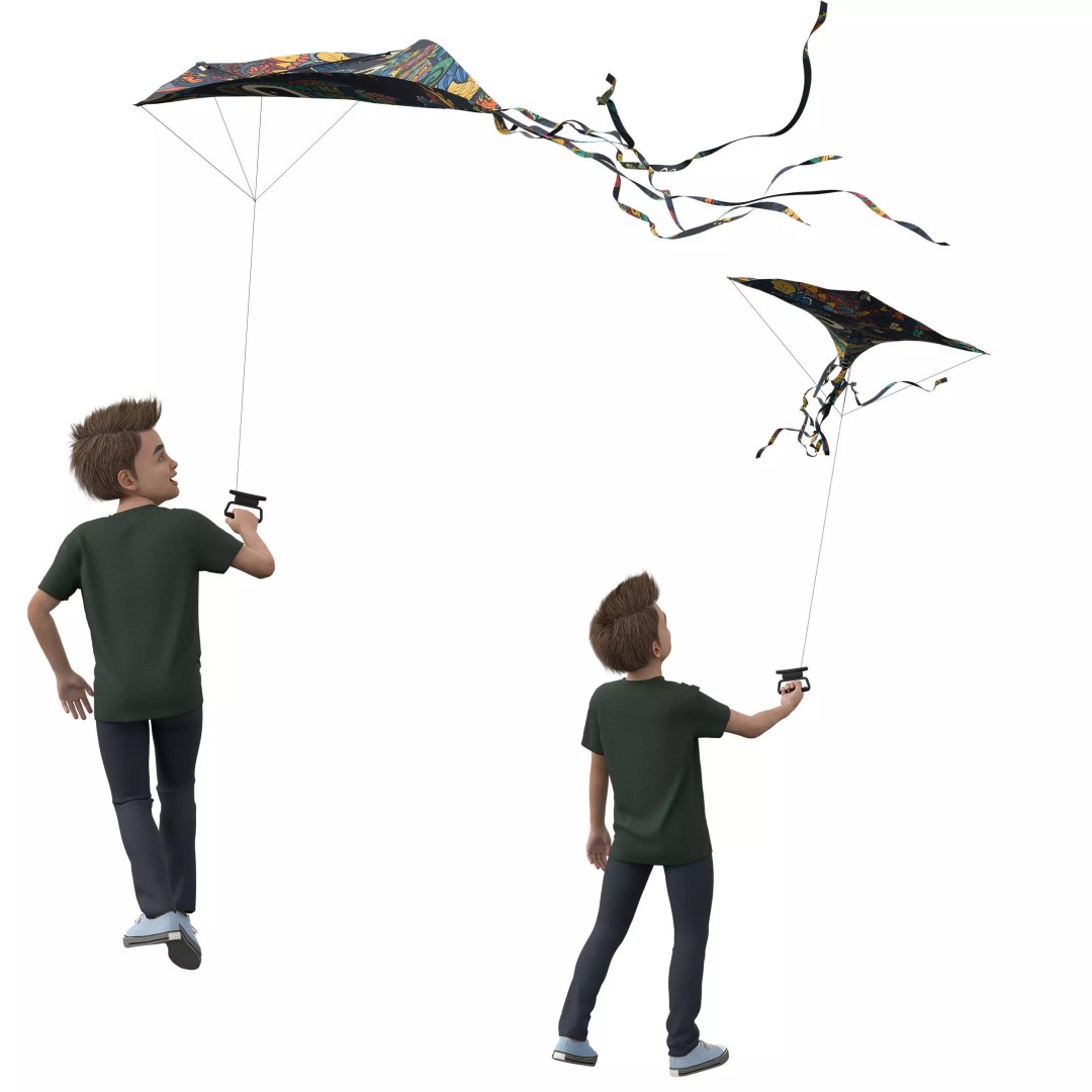 Children Flying Kite 3D Model – Low Poly Game Asset, FBX, OBJ - View 11