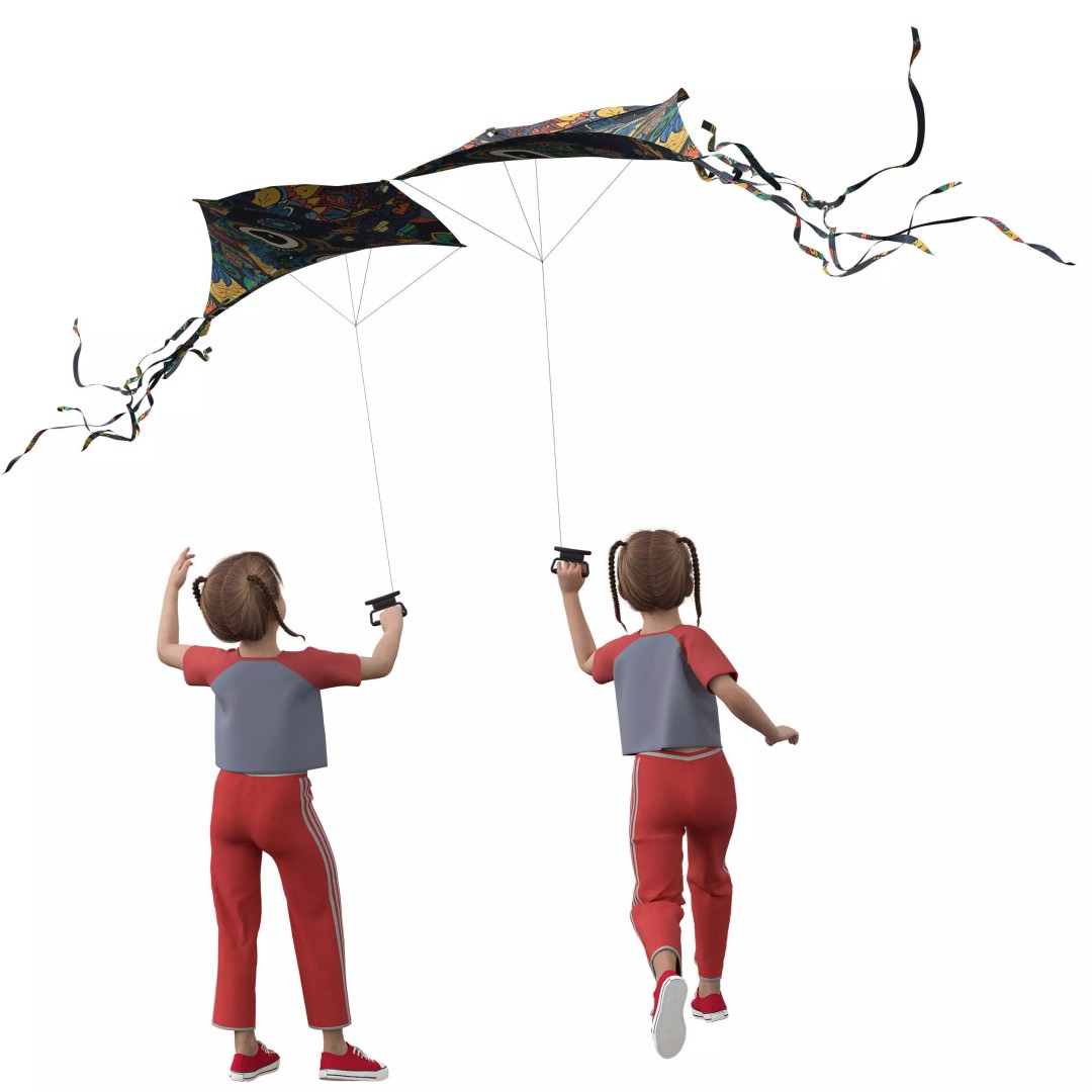Children Flying Kite 3D Model – Low Poly Game Asset, FBX, OBJ - View 12