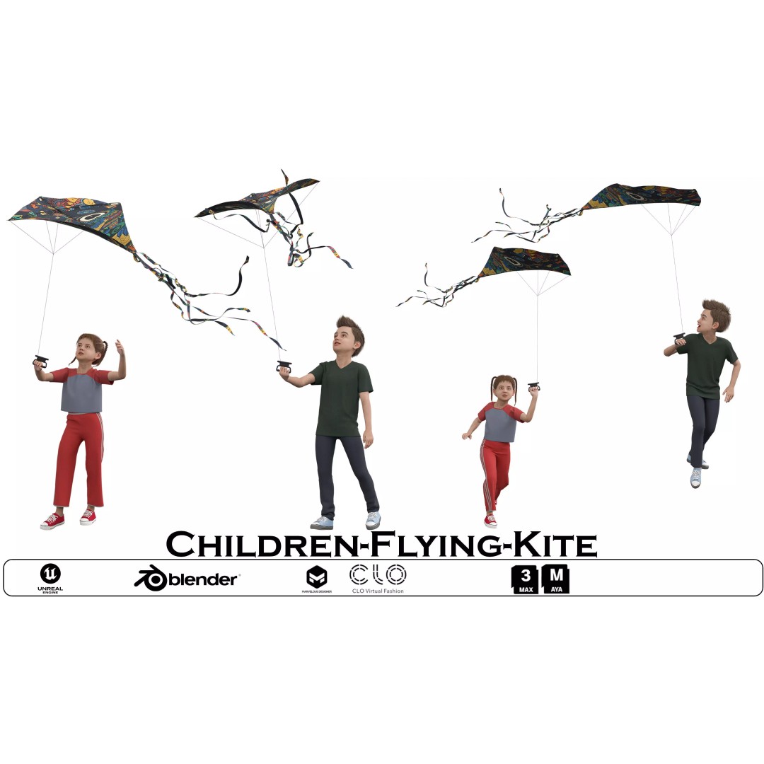 Children Flying Kite 3D Model – Low Poly Game Asset, FBX, OBJ - View 2