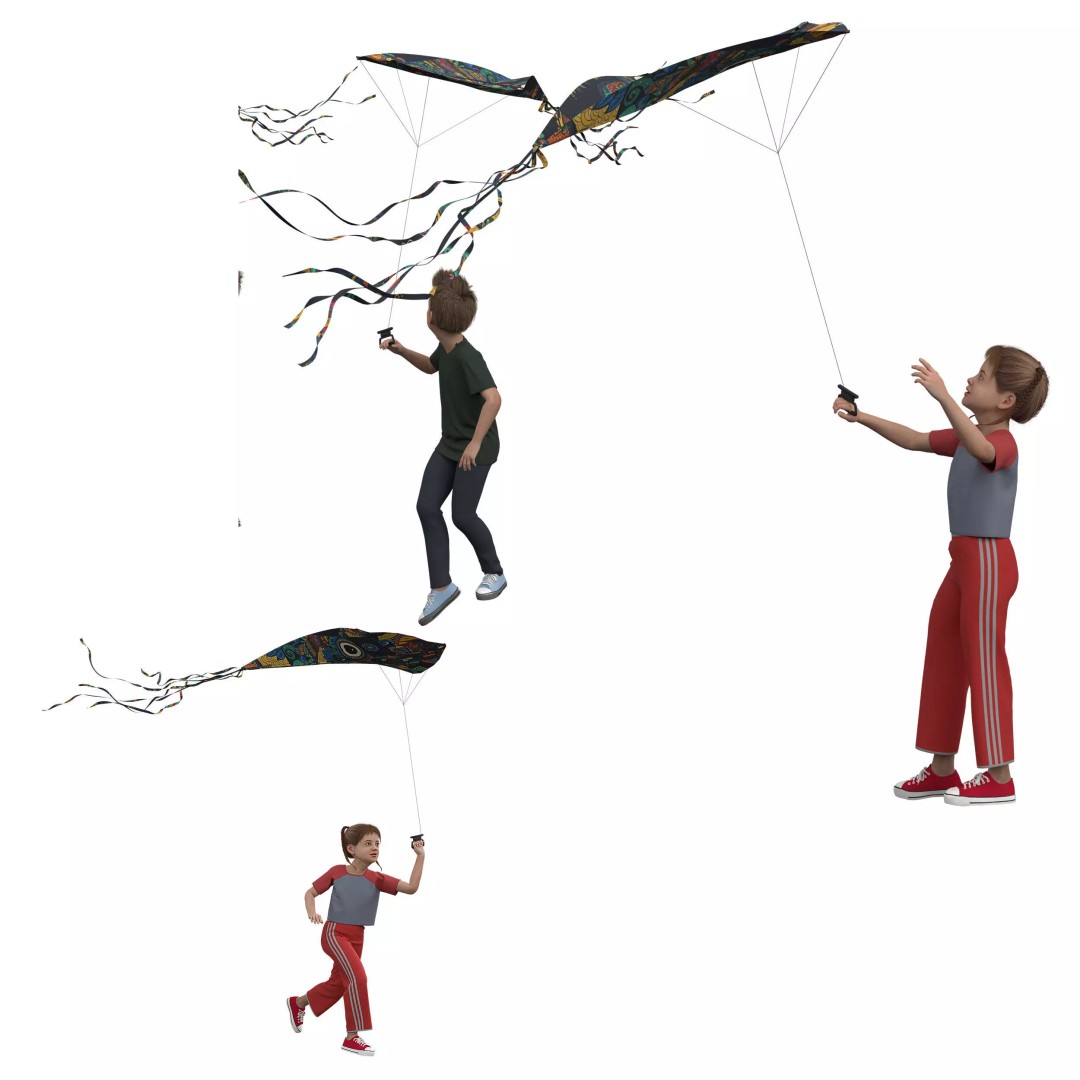 Children Flying Kite 3D Model – Low Poly Game Asset, FBX, OBJ - View 3
