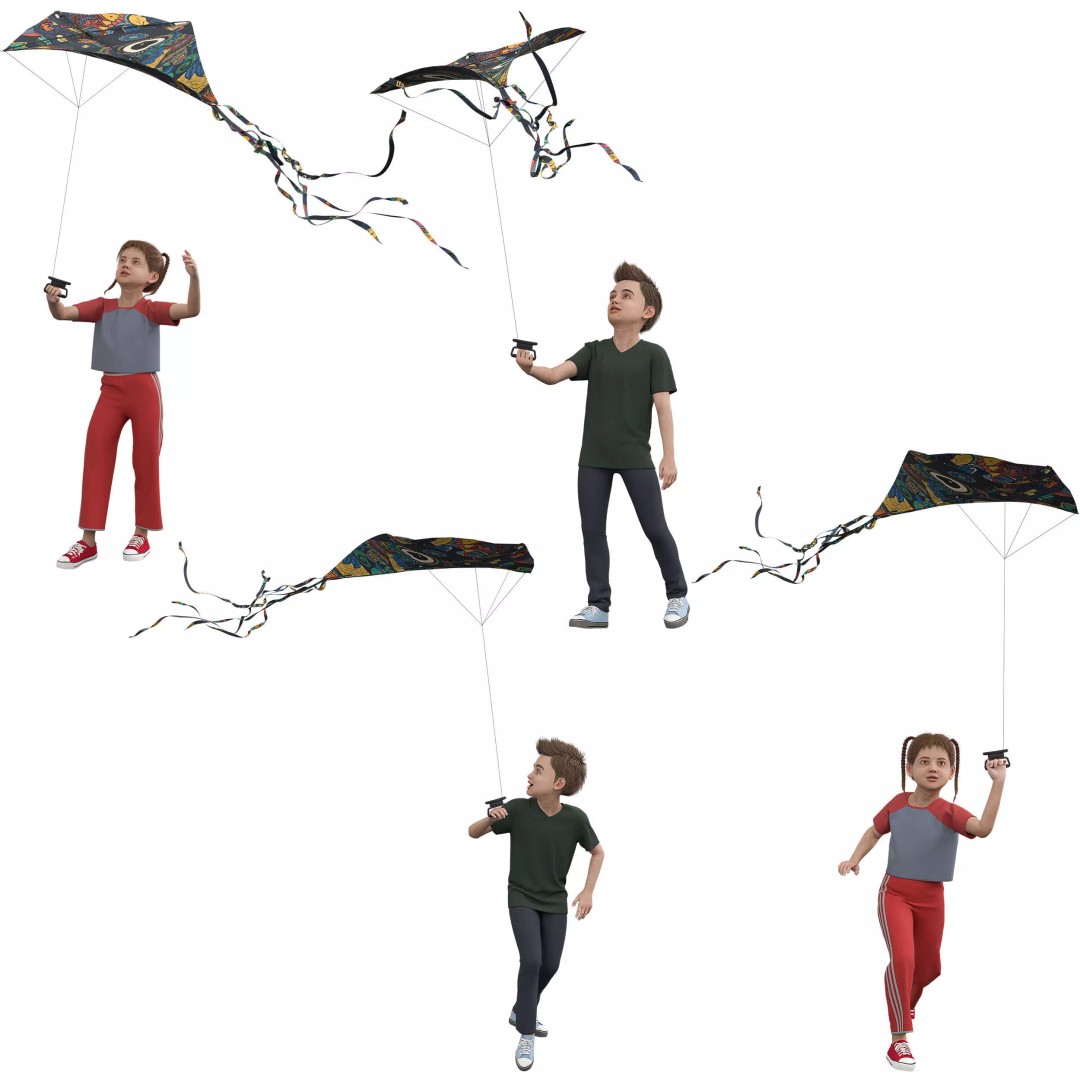 Children Flying Kite 3D Model – Low Poly Game Asset, FBX, OBJ - View 4