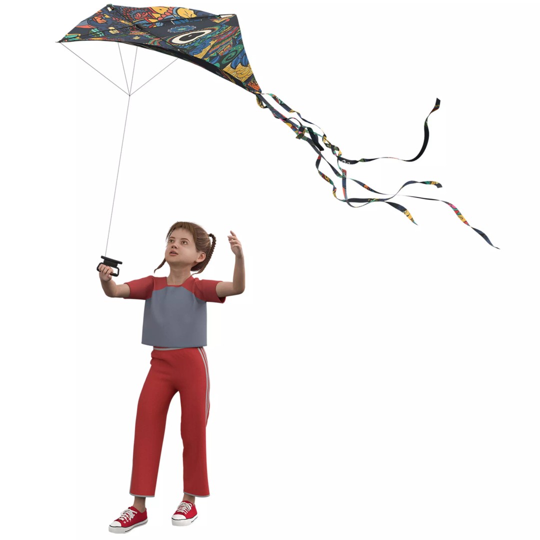 Children Flying Kite 3D Model – Low Poly Game Asset, FBX, OBJ - View 5