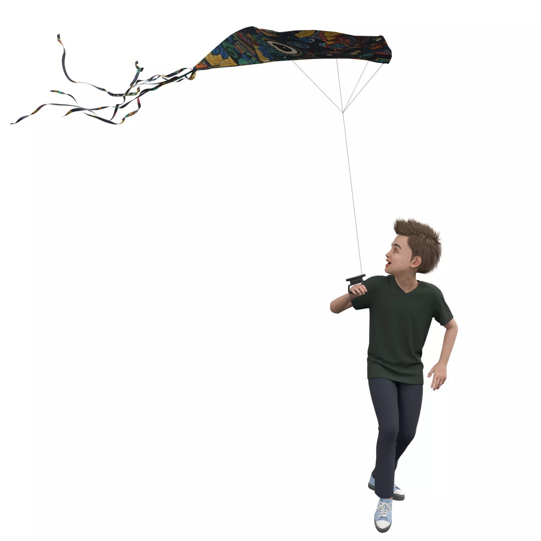 Children Flying Kite 3D Model – Low Poly Game Asset, FBX, OBJ - View 6